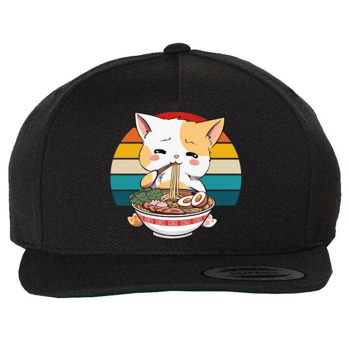 Kawaii Ramen Cat Retro Sunset Wool Snapback Cap