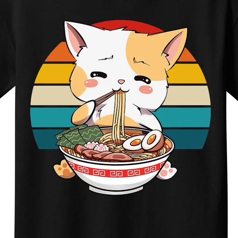 Kawaii Ramen Cat Retro Sunset Kids T-Shirt