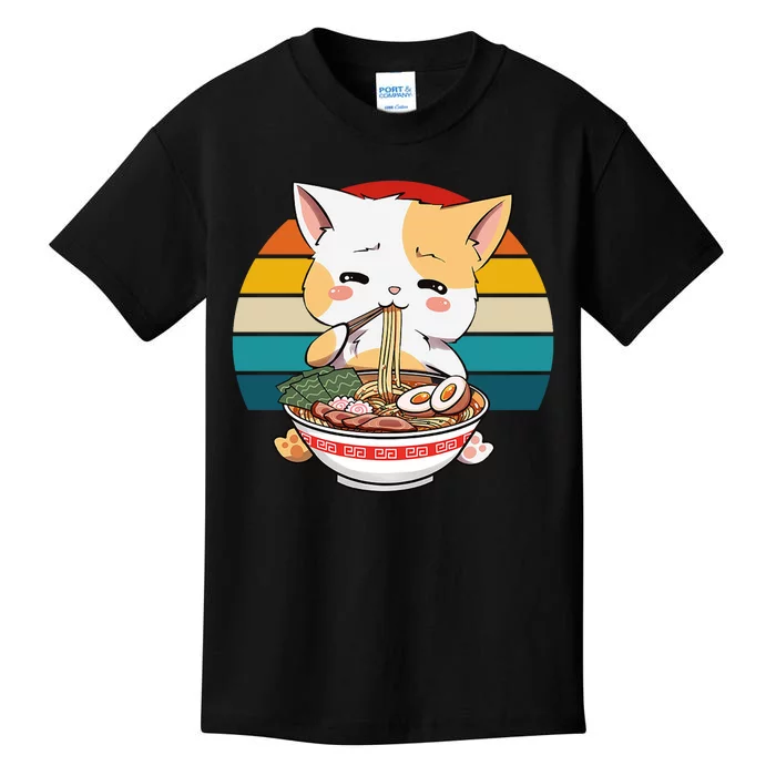 Kawaii Ramen Cat Retro Sunset Kids T-Shirt