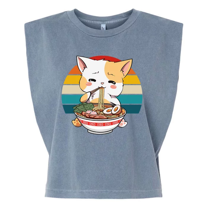 Kawaii Ramen Cat Retro Sunset Garment-Dyed Women's Muscle Tee