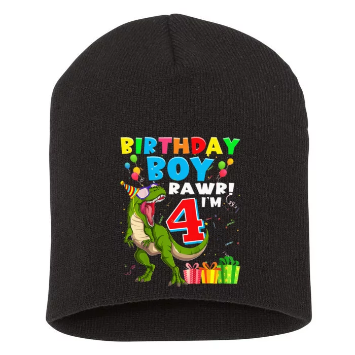 Kids Rawr Im 4 4th Birthday Boy T Rex Dinosaur 4 Years Old Gift Short Acrylic Beanie