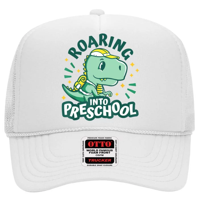 Kids Roaring Into Preschool Dinosaur T Rex Back To School High Crown Mesh Trucker Hat