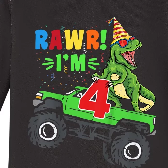 Kid Rawr Im 4 Dinosaur T Rex Monster Truck 4th Birthday boy Baby Long Sleeve Bodysuit