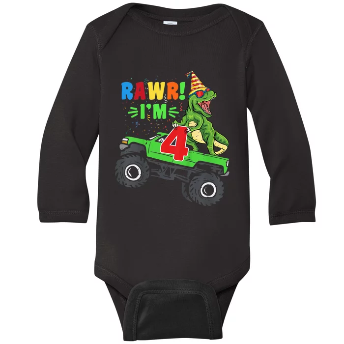 Kid Rawr Im 4 Dinosaur T Rex Monster Truck 4th Birthday boy Baby Long Sleeve Bodysuit