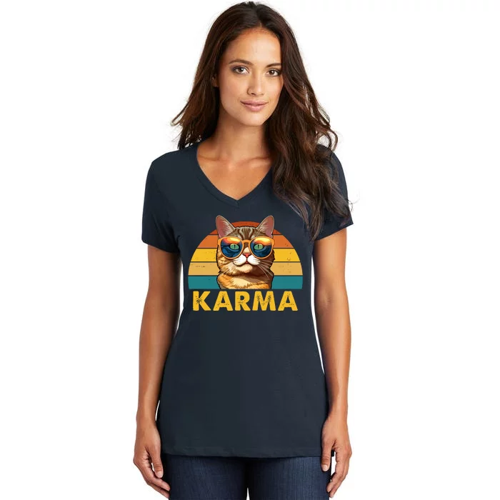 Karma Retro Vintage Sunset Cat Women's V-Neck T-Shirt