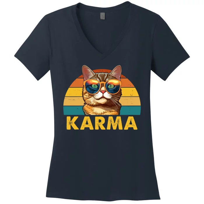 Karma Retro Vintage Sunset Cat Women's V-Neck T-Shirt