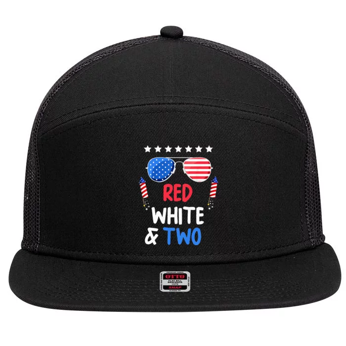 Kids Red White & Two 2nd Birthday 4th Of July Independence Day 7 Panel Mesh Trucker Snapback Hat