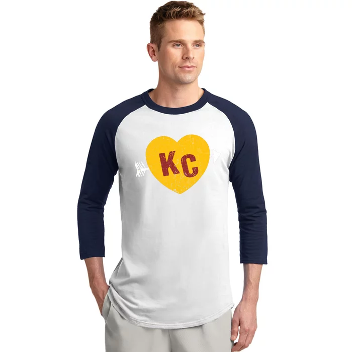 Kc Red & Yellow Heart & Arrow Kc Kansas City 2 Letter Kc Baseball Sleeve Shirt