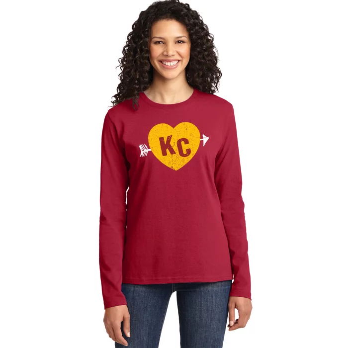 Kc Red & Yellow Heart & Arrow Kc Kansas City 2 Letter Kc Ladies Long Sleeve Shirt