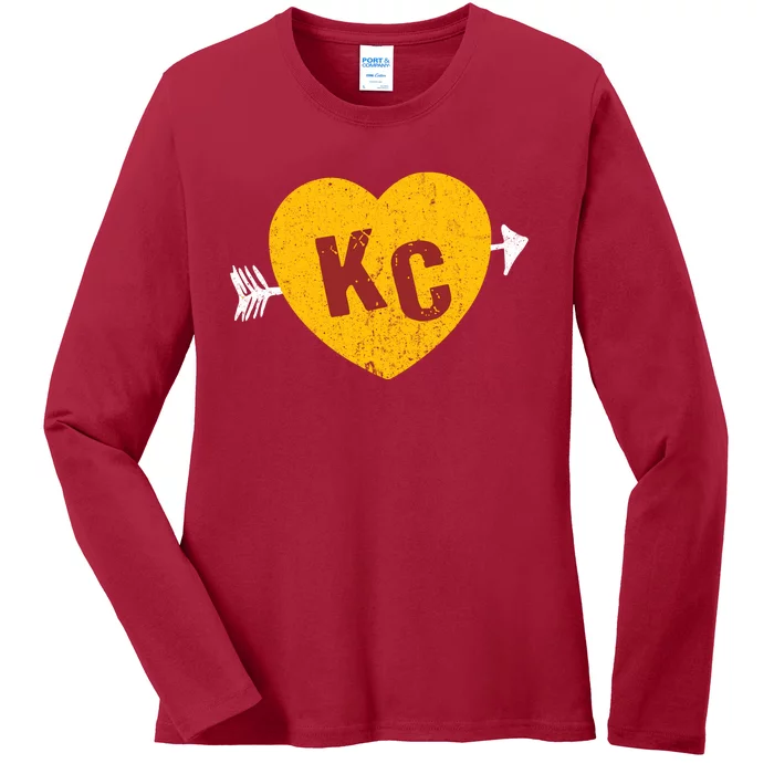 Kc Red & Yellow Heart & Arrow Kc Kansas City 2 Letter Kc Ladies Long Sleeve Shirt