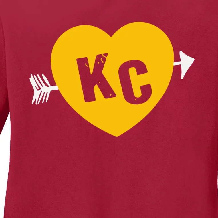 Kc Red & Yellow Heart & Arrow Kc Kansas City 2 Letter Kc Red Ladies Long Sleeve Shirt