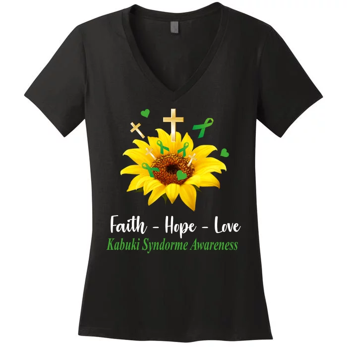 Kabuki Syndrome Awareness Faith Hope Love Sunflower Women's V-Neck T-Shirt