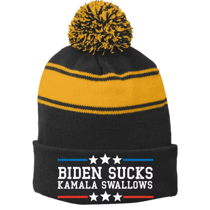 Kamala Swallows Biden Sucks Stripe Pom Pom Beanie