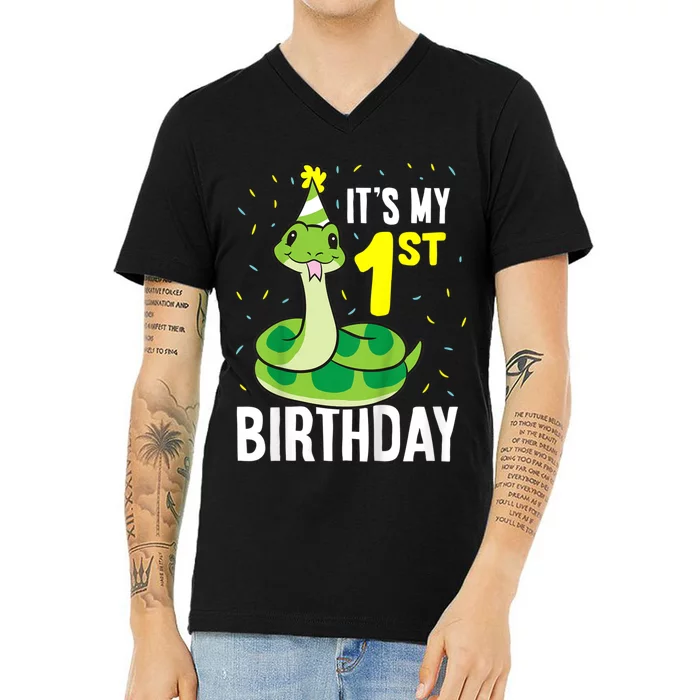 Kids Snakes Its My 1st Birthday 1 Year Old Birthday V-Neck T-Shirt