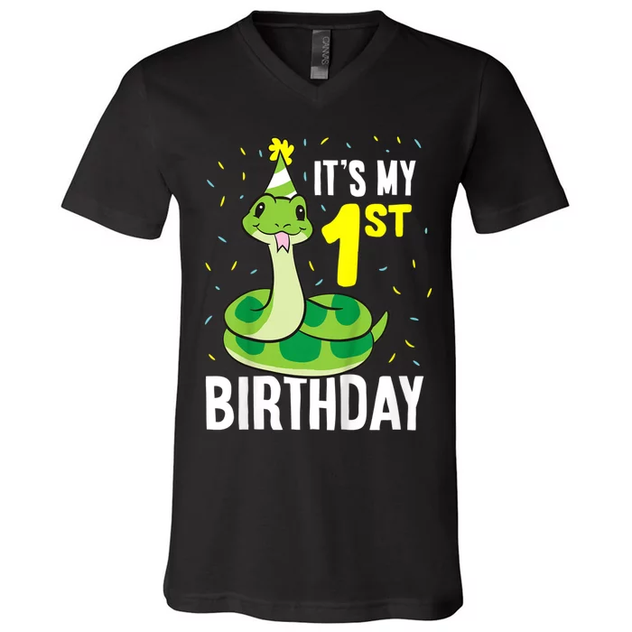 Kids Snakes Its My 1st Birthday 1 Year Old Birthday V-Neck T-Shirt