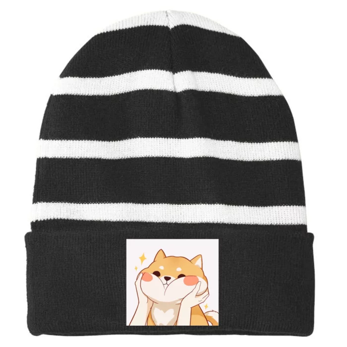 Kawaii Shiba Inu Striped Beanie with Solid Band