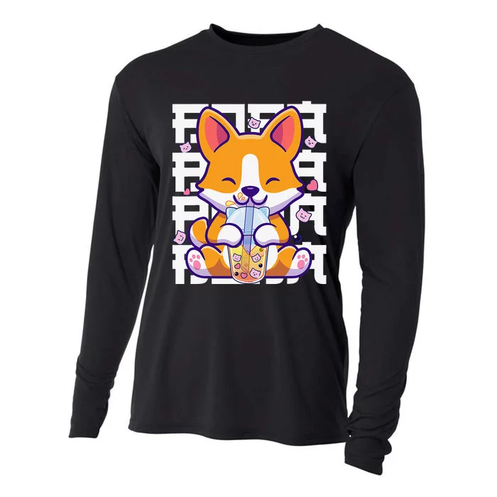 Kawaii Shiba Inu Dog Bubble Tea Boba Anime Cooling Performance Long Sleeve Crew