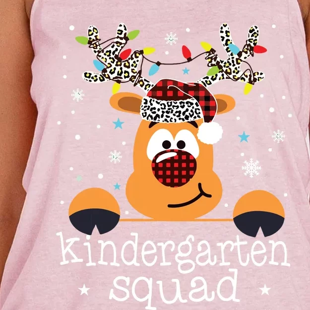 Kindergarten Squad Plaid Reindeer Santa Teacher Christmas Women's Knotted Racerback Tank