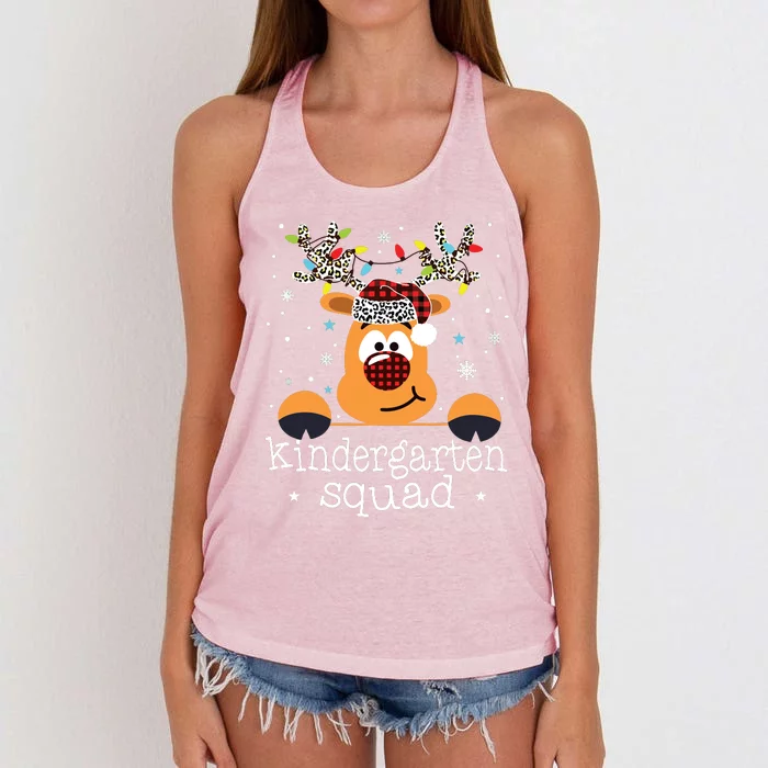 Kindergarten Squad Plaid Reindeer Santa Teacher Christmas Women's Knotted Racerback Tank