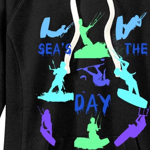 Kitesurfer Silhouette Pattern With Seas The Day Quote 9 Gift Women's Fleece Hoodie