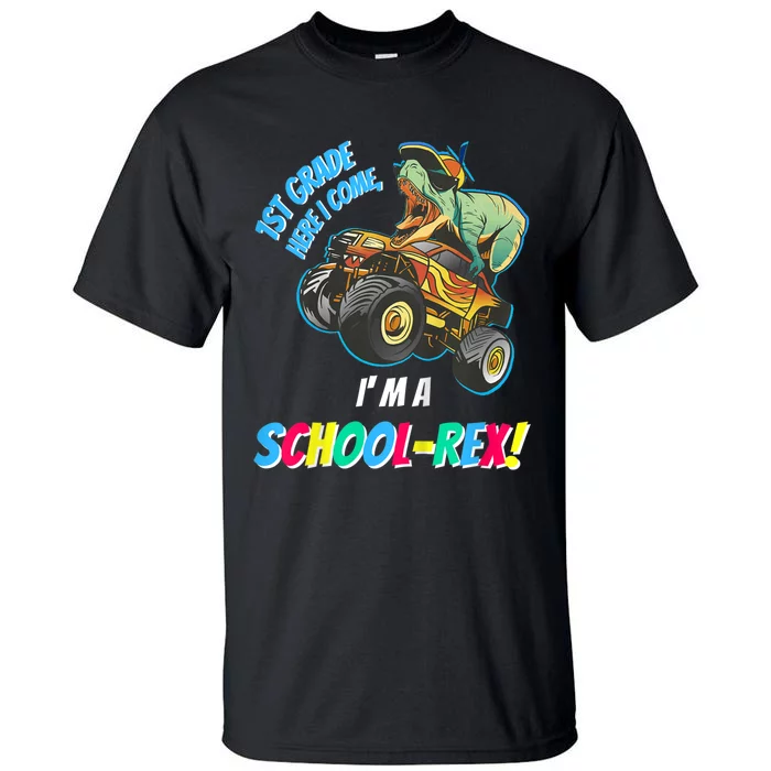 Kids School Starts First Grade Here I Come Dinosaur Monster Truck Tall T-Shirt