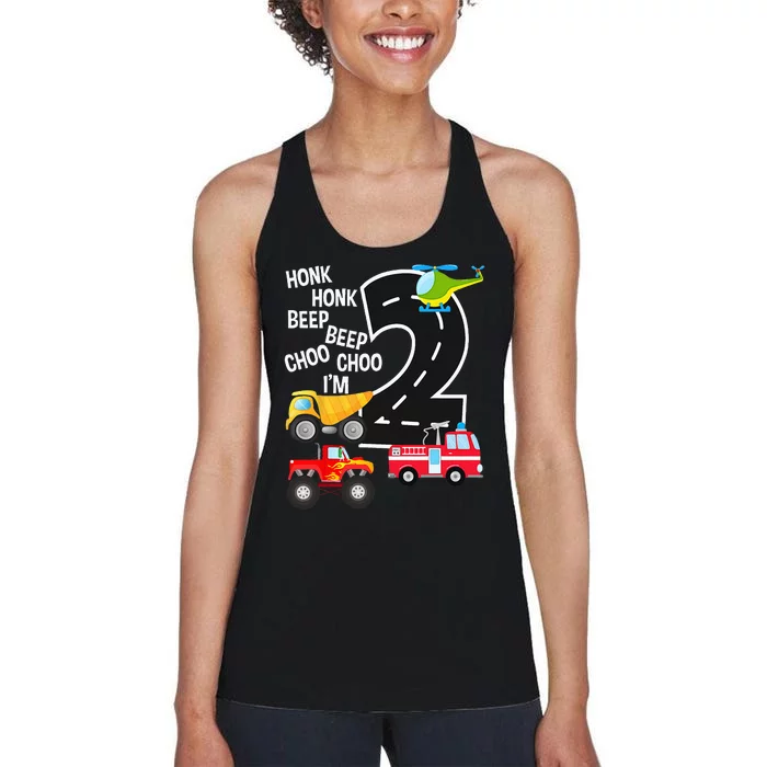 Kids Trucks 2nd Birthday Party Im 2 Year Old Bday Women's Racerback Tank