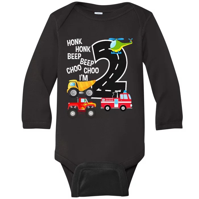 Kids Trucks 2nd Birthday Party Im 2 Year Old Bday Baby Long Sleeve Bodysuit