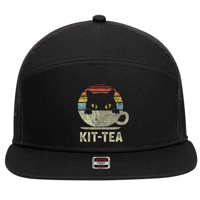 Kit Tea Black Kitty Cat Tea Lover Gift 7 Panel Mesh Trucker Snapback Hat