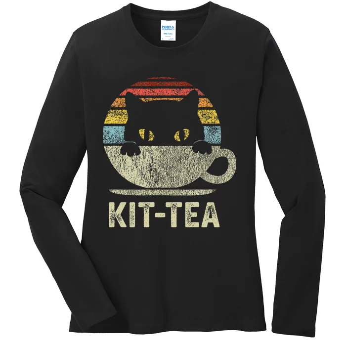 Kit Tea Black Kitty Cat Tea Lover Gift Ladies Long Sleeve Shirt