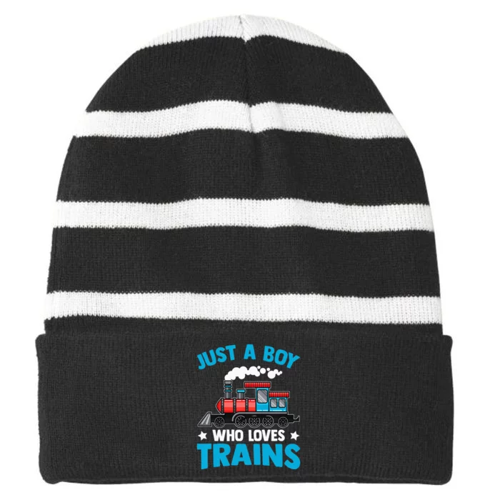 Kids Train Birthday Just A Boy Who Loves Trains Striped Beanie with Solid Band