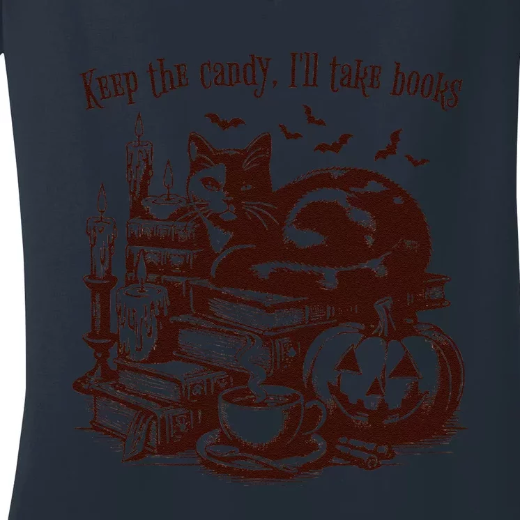 Keep The Candy ILl Take Books Cat Halloween Costume Women's V-Neck T-Shirt