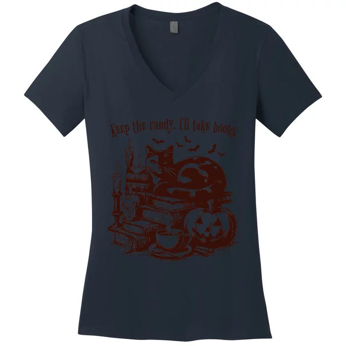 Keep The Candy ILl Take Books Cat Halloween Costume Women's V-Neck T-Shirt