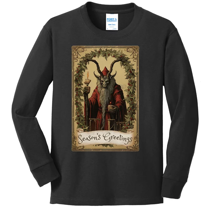 Krampus Tarot Card Design Christmas Season Evil Pajama Xmas Kids Long Sleeve Shirt