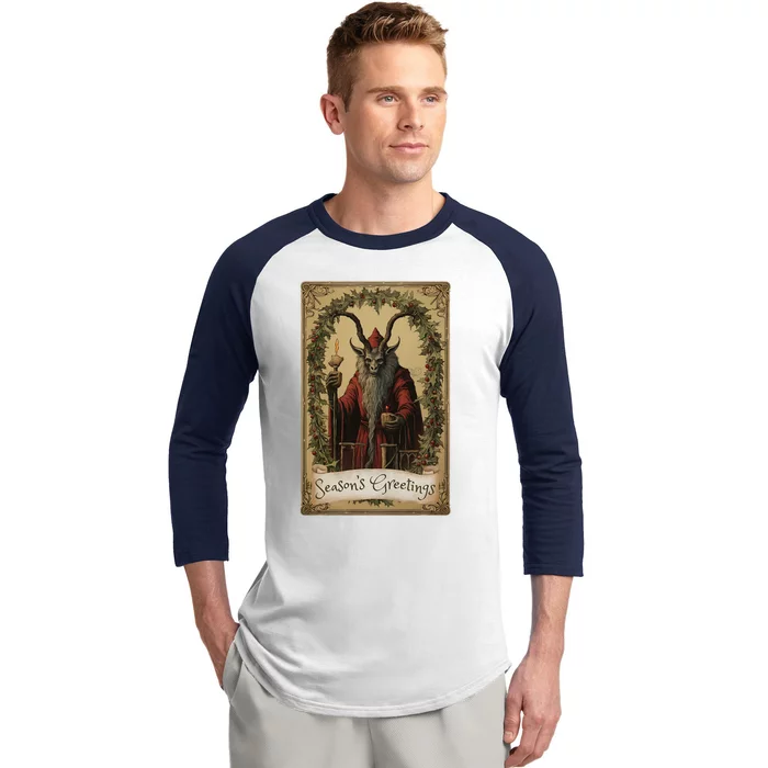 Krampus Tarot Card Design Christmas Season Evil Pajama Xmas Baseball Sleeve Shirt