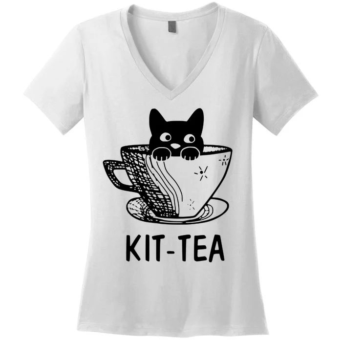 Kit Tea Funny Cat Lover Women's V-Neck T-Shirt