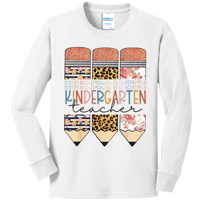 Kindergarten Teacher Funny Leopard Pencil Back To School Kids Long Sleeve Shirt