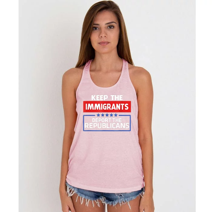 KEEP THE IMMIGRANTS DEPORT THE REPUBLICANS Women's Knotted Racerback Tank