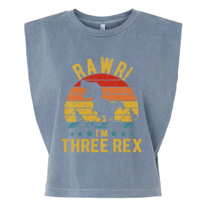 Kids Three Rex 3rd Birthday Dinosaur 3 Year Old Rawr Boy Girl Garment-Dyed Women's Muscle Tee