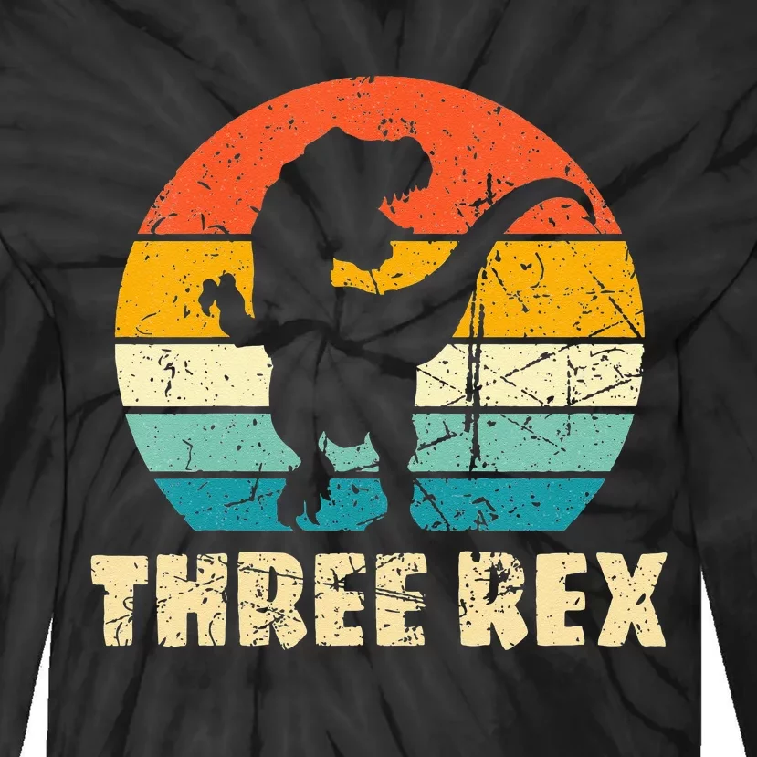 Kids Three Rex 3rd Birthday Third Dinosaur 3 Year Old Tie-Dye Long Sleeve Shirt