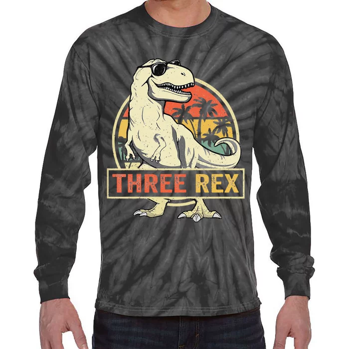 Kids Three Rex 3rd Birthday Third Dinosaur 3 Year Old Tie-Dye Long Sleeve Shirt