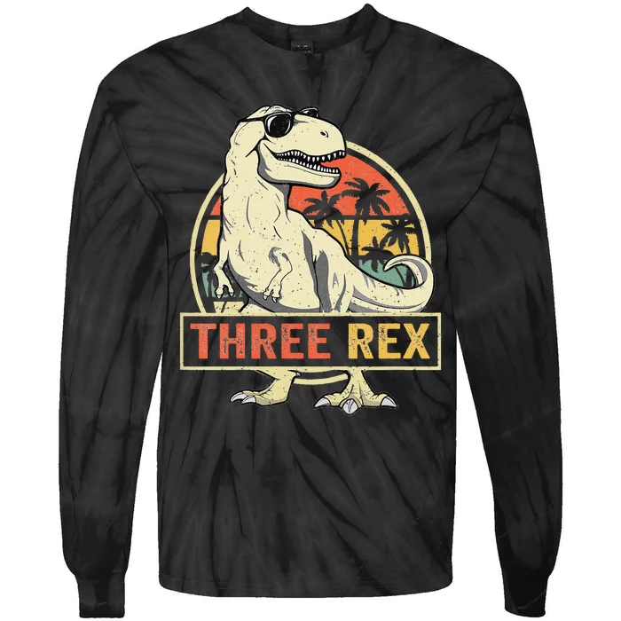 Kids Three Rex 3rd Birthday Third Dinosaur 3 Year Old Tie-Dye Long Sleeve Shirt