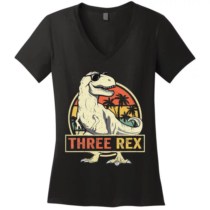 Kids Three Rex 3rd Birthday Third Dinosaur 3 Year Old Women's V-Neck T-Shirt