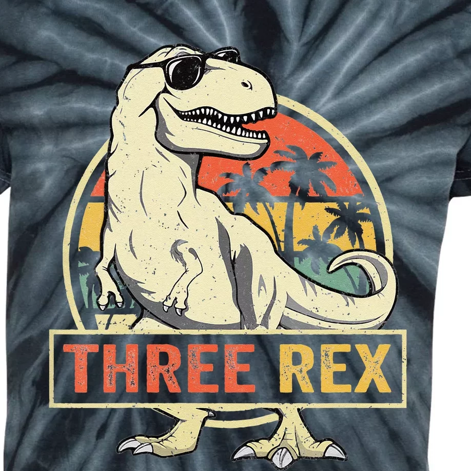 Kids Three Rex 3rd Birthday Third Dinosaur 3 Year Old Kids Tie-Dye T-Shirt