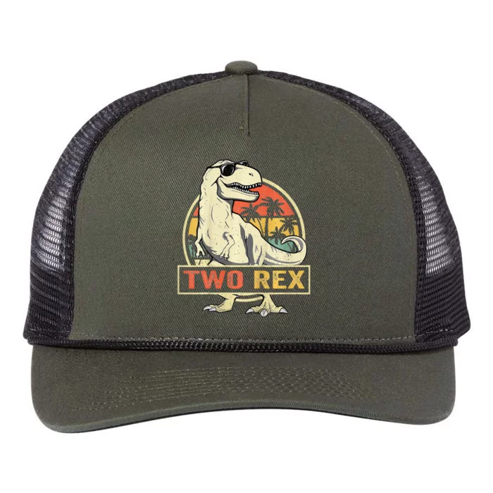 Kids Two Rex 2nd Birthday Gift Second Dinosaur 2 Year Old Retro Rope Trucker Hat Cap