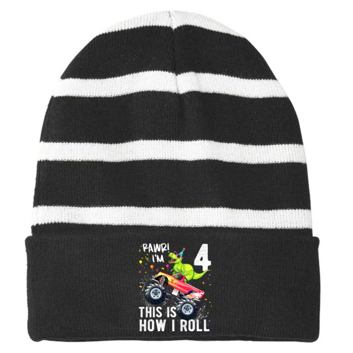 Kids T Rex Dinosaur Monster Truck 4th Birthday Boys And Girls Striped Beanie with Solid Band