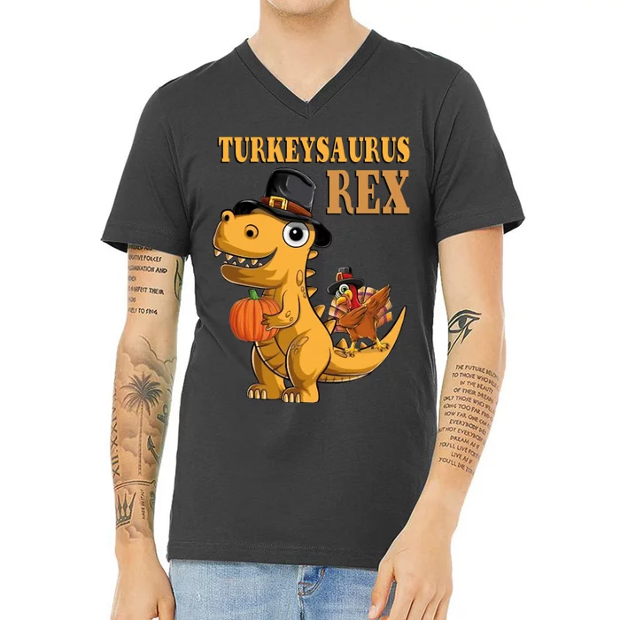 Kids Turkeysaurus Rex Turkey Dino Thanksgiving V-Neck T-Shirt