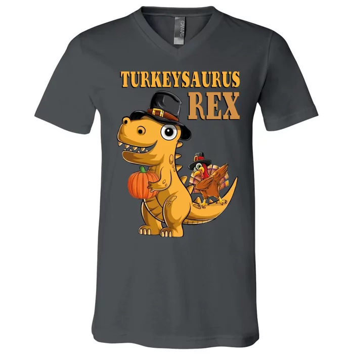 Kids Turkeysaurus Rex Turkey Dino Thanksgiving V-Neck T-Shirt