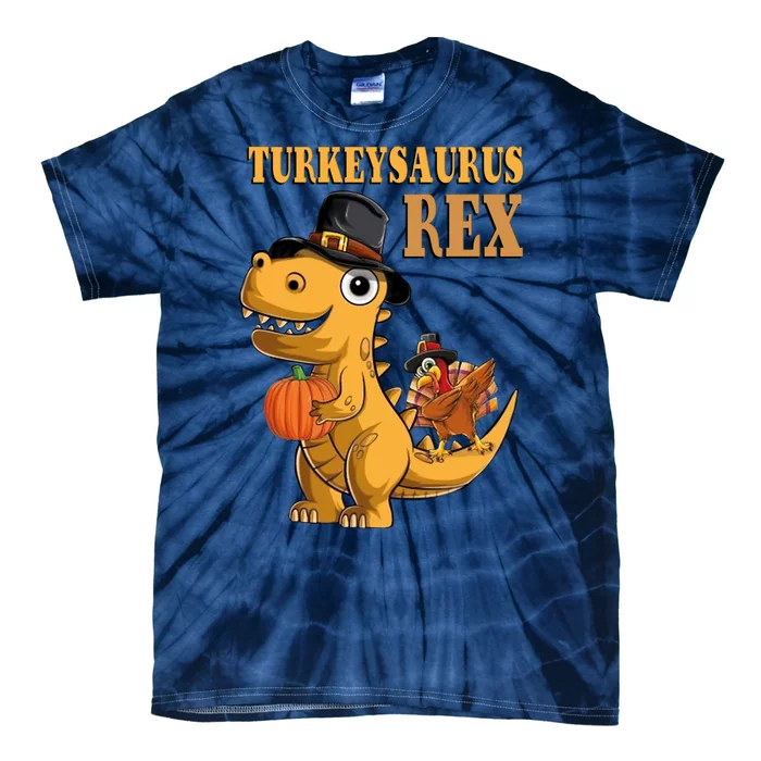 Kids Turkeysaurus Rex Turkey Dino Thanksgiving Tie-Dye T-Shirt