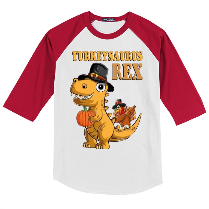 Kids Turkeysaurus Rex Turkey Dino Thanksgiving Kids Colorblock Raglan Jersey