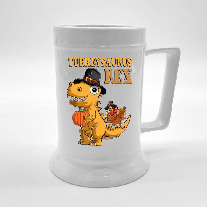 Kids Turkeysaurus Rex Turkey Dino Thanksgiving Front & Back Beer Stein